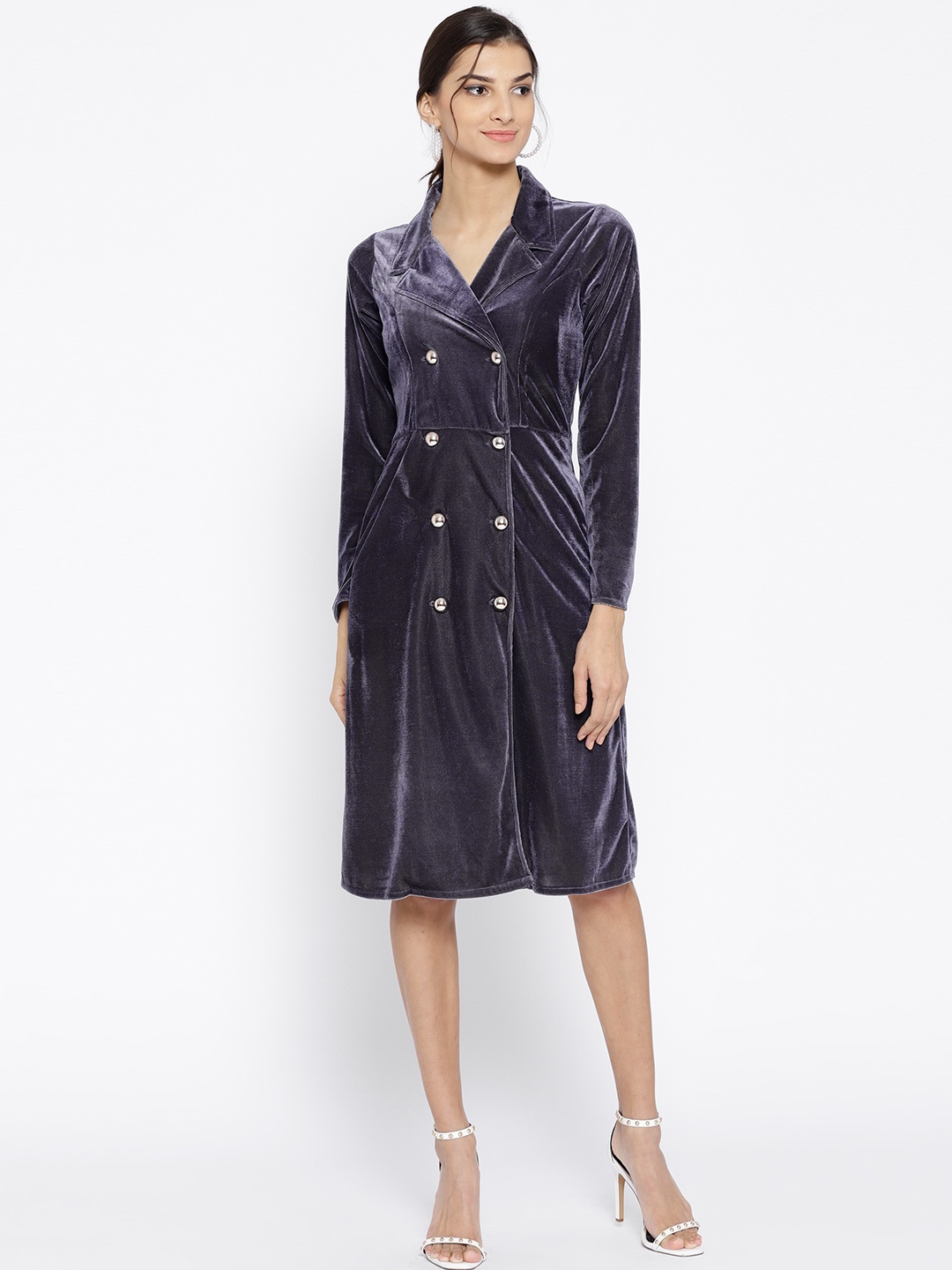 

Athena Women Charcoal Grey Solid Velvet Finish Wrap Dress