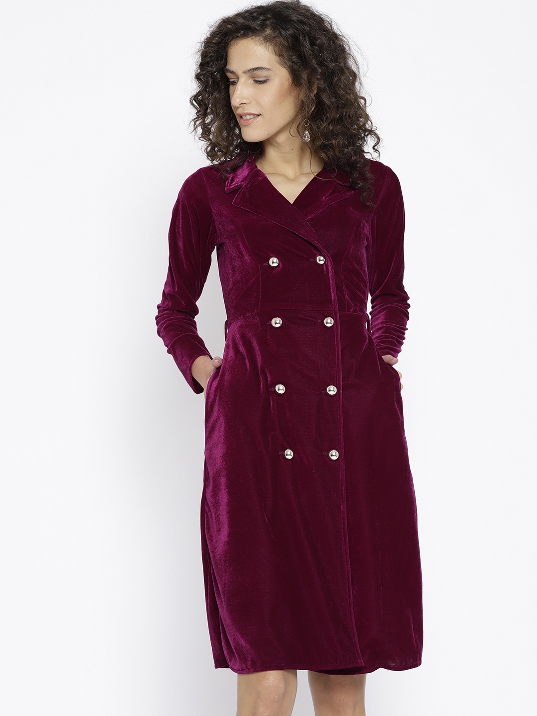 

Athena Women Magenta Solid Velvet Finish Trench Dress