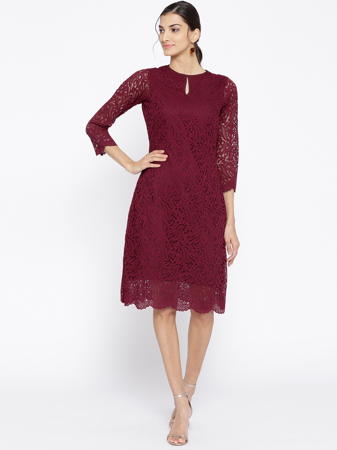 

Athena Women Burgundy Lace A-Line Dress