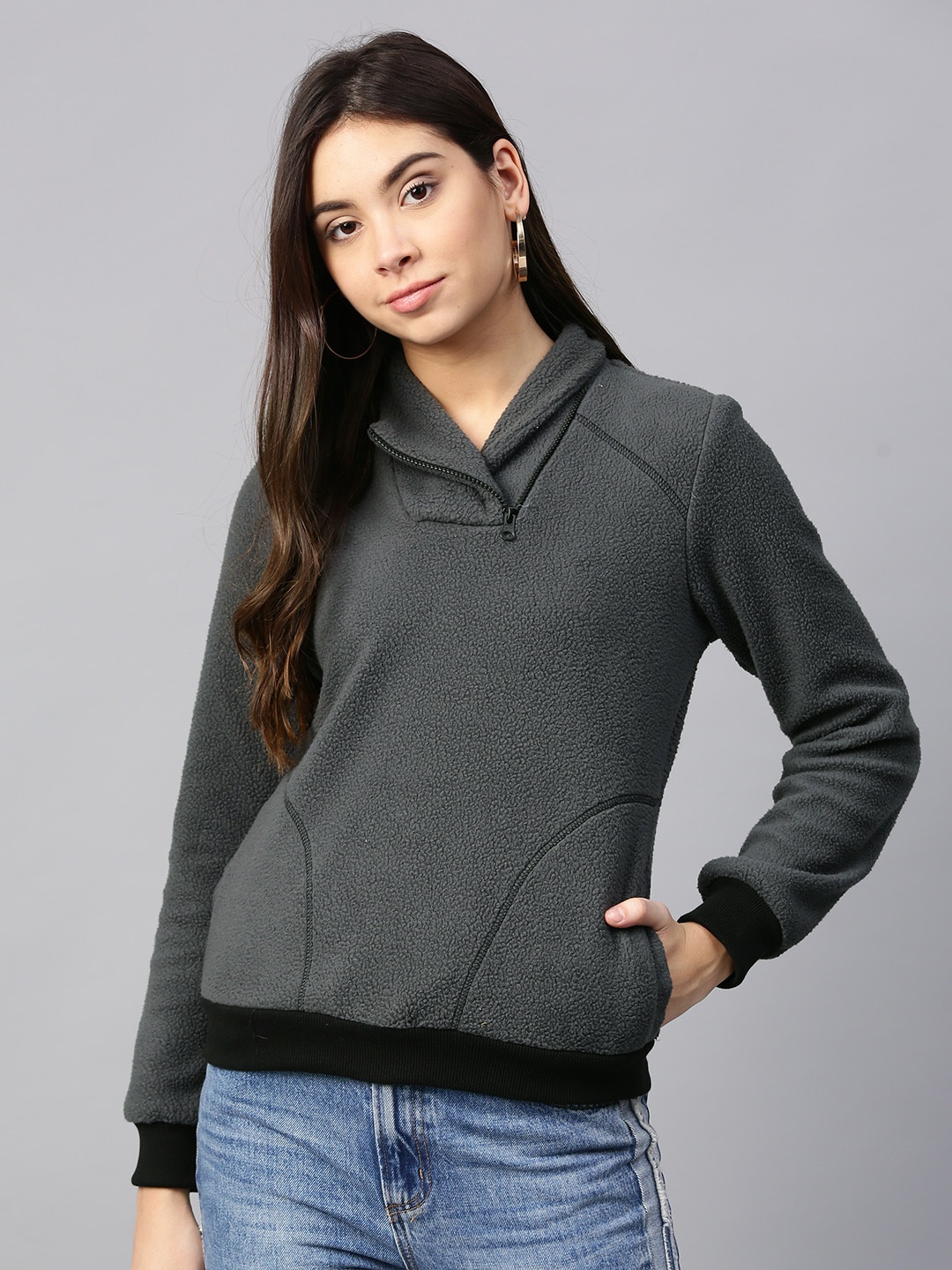 

Athena Women Charcoal Grey Solid Sweatshirt