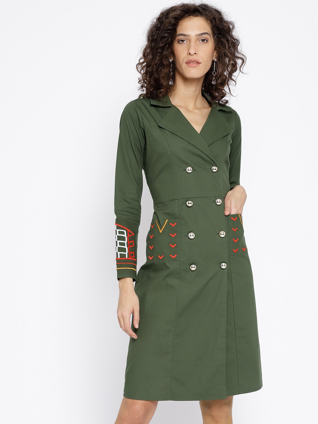 

Athena Women Olive Green Solid Trench Dress