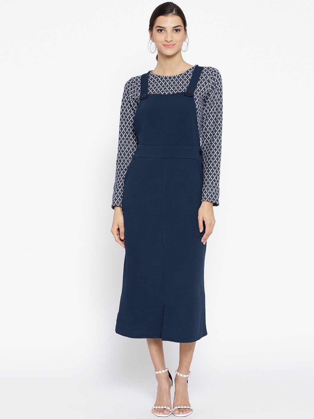 

Athena Women Navy Blue Solid Pinafore Dress with T-Shirt