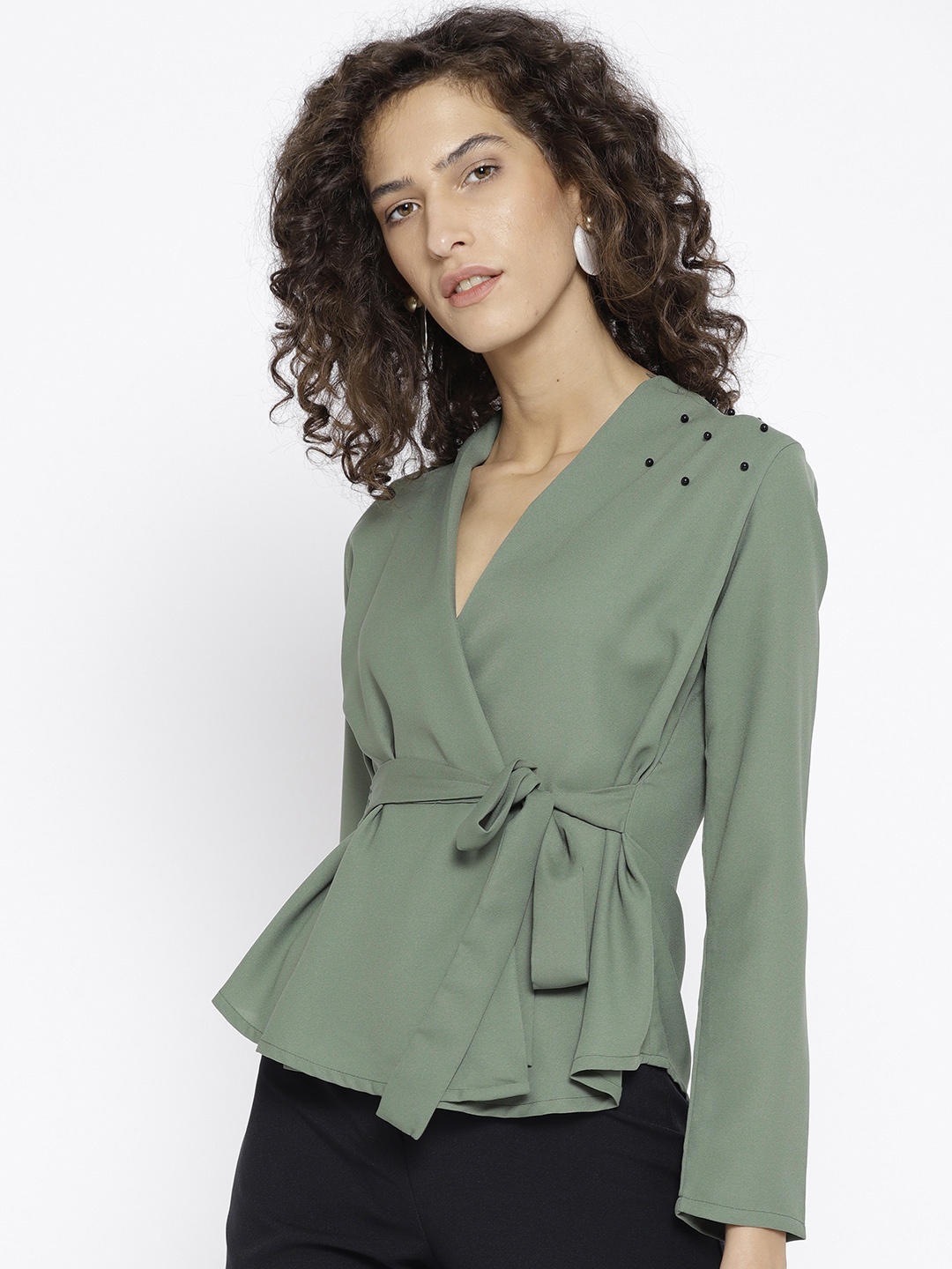

Athena Women Olive Green Solid Wrap Top