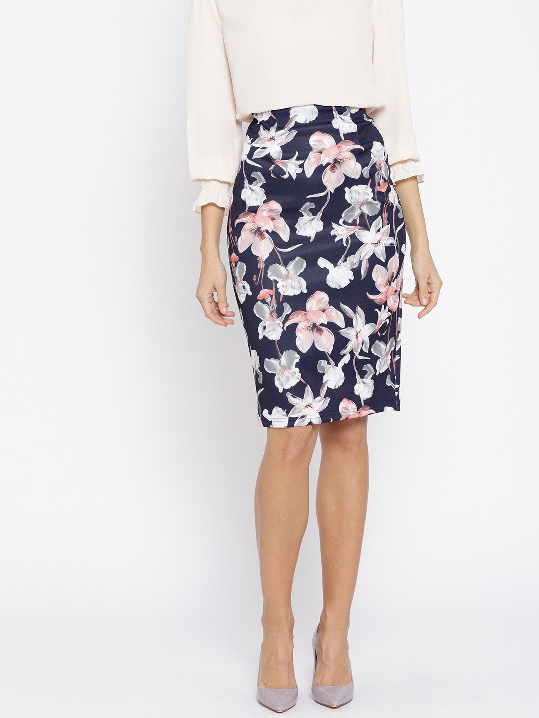 

Athena Women Navy & Grey Printed Pencil Skirt, Navy blue