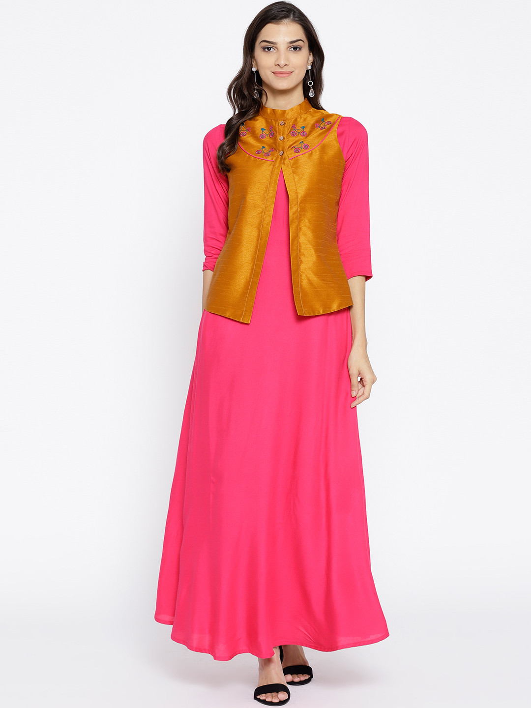 

Athena Women Pink Solid Maxi Dress With Ethnic Jacket
