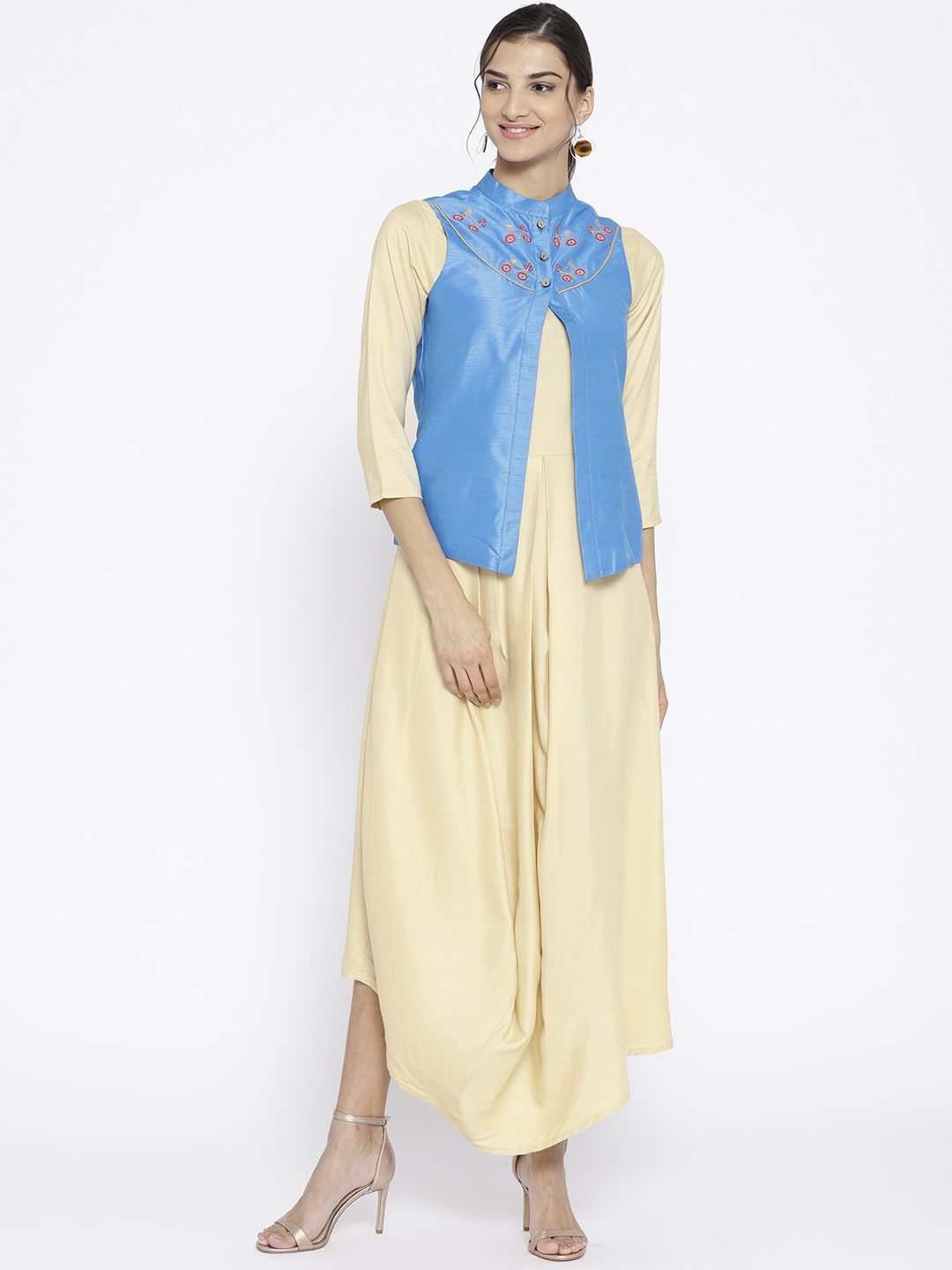 

Athena Women Beige & Blue Solid Maxi Dress with Ethnic Jacket