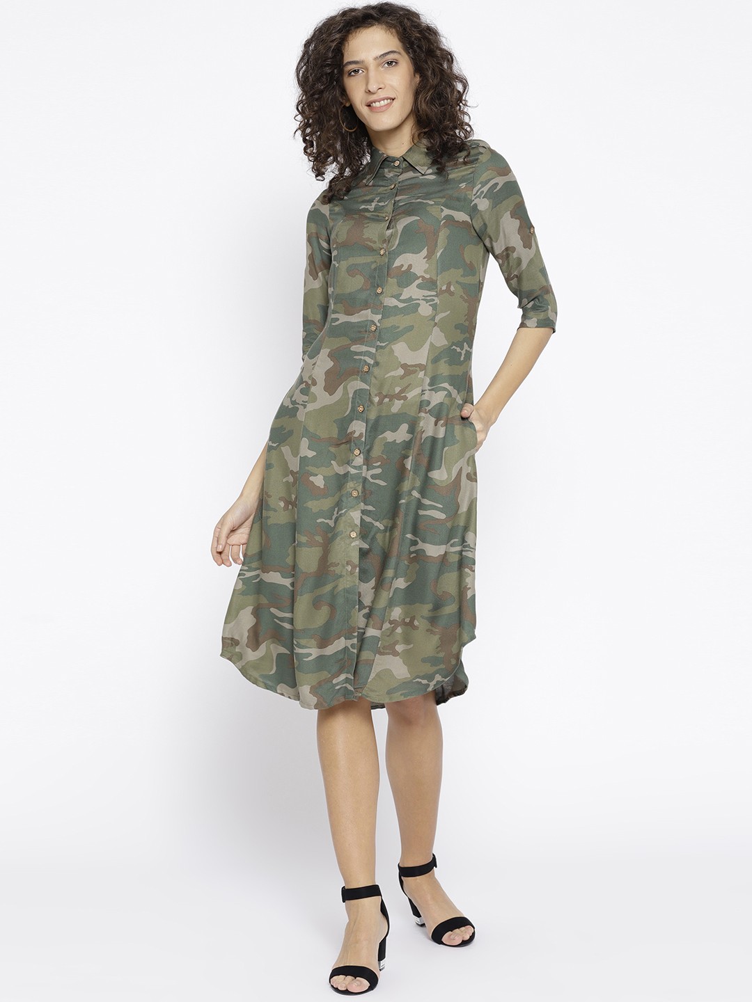 

Athena Women Olive Green Printed Shirt Dress