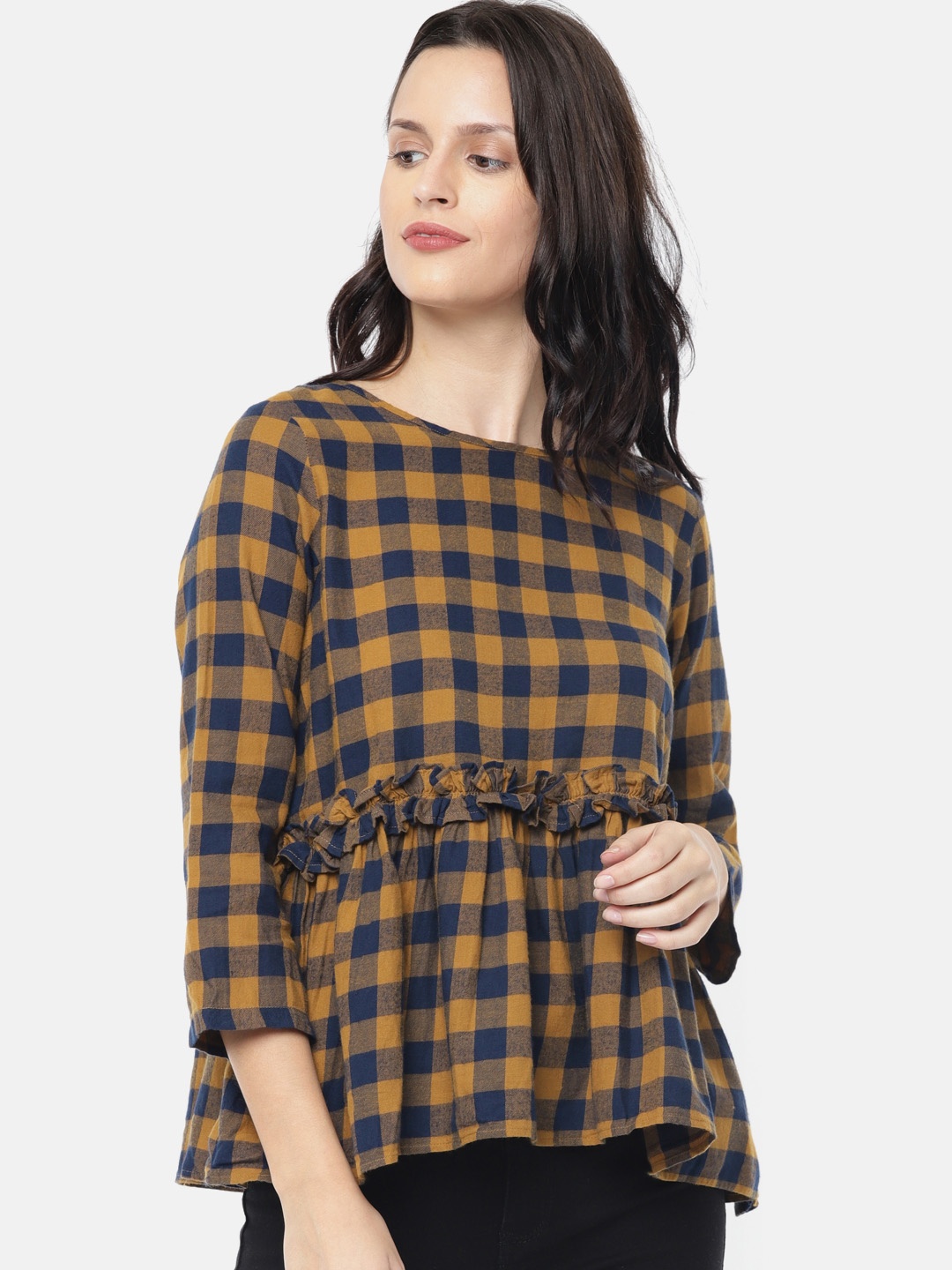 

EVAH LONDON Women Mustard Checked Top