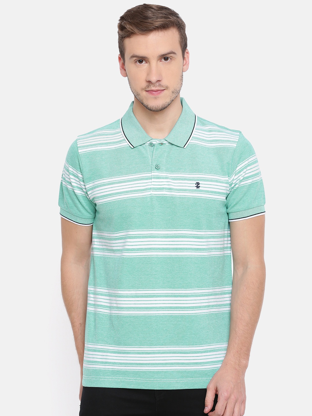 

IZOD Men Turquoise Blue White Striped Polo Collar Pure Cotton T-shirt