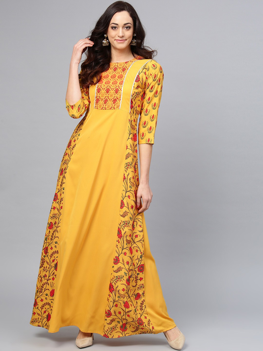 

Ahalyaa Women Printed Flared Maxi Dress, Mustard