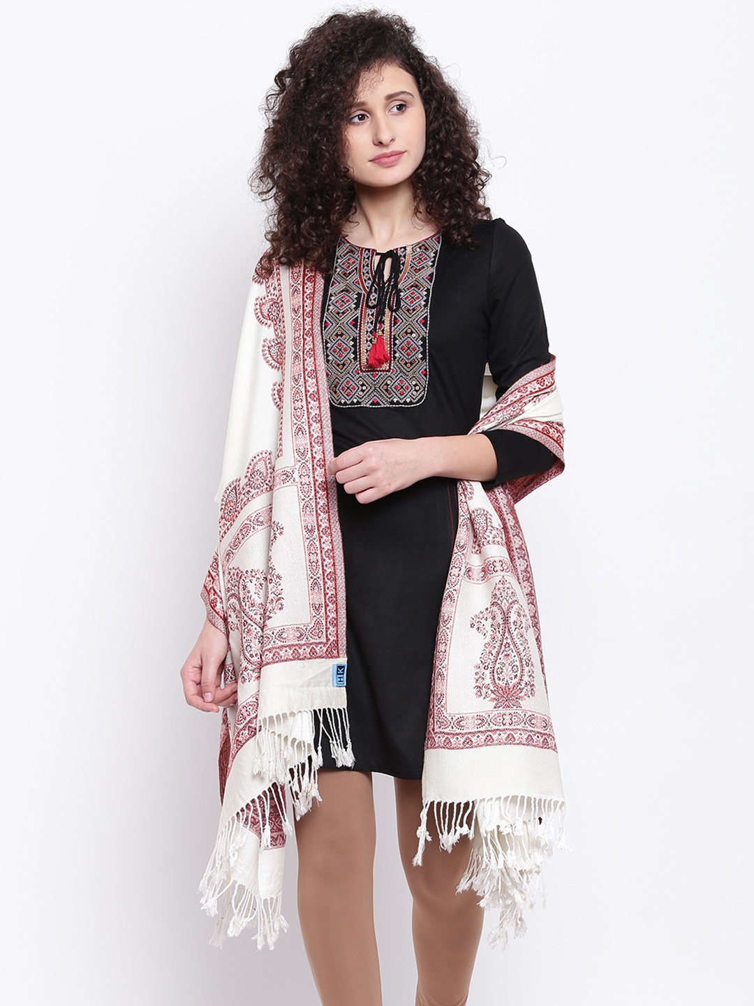 

HK colours of fashion Women Off-White & Orange Woven Design Shawl