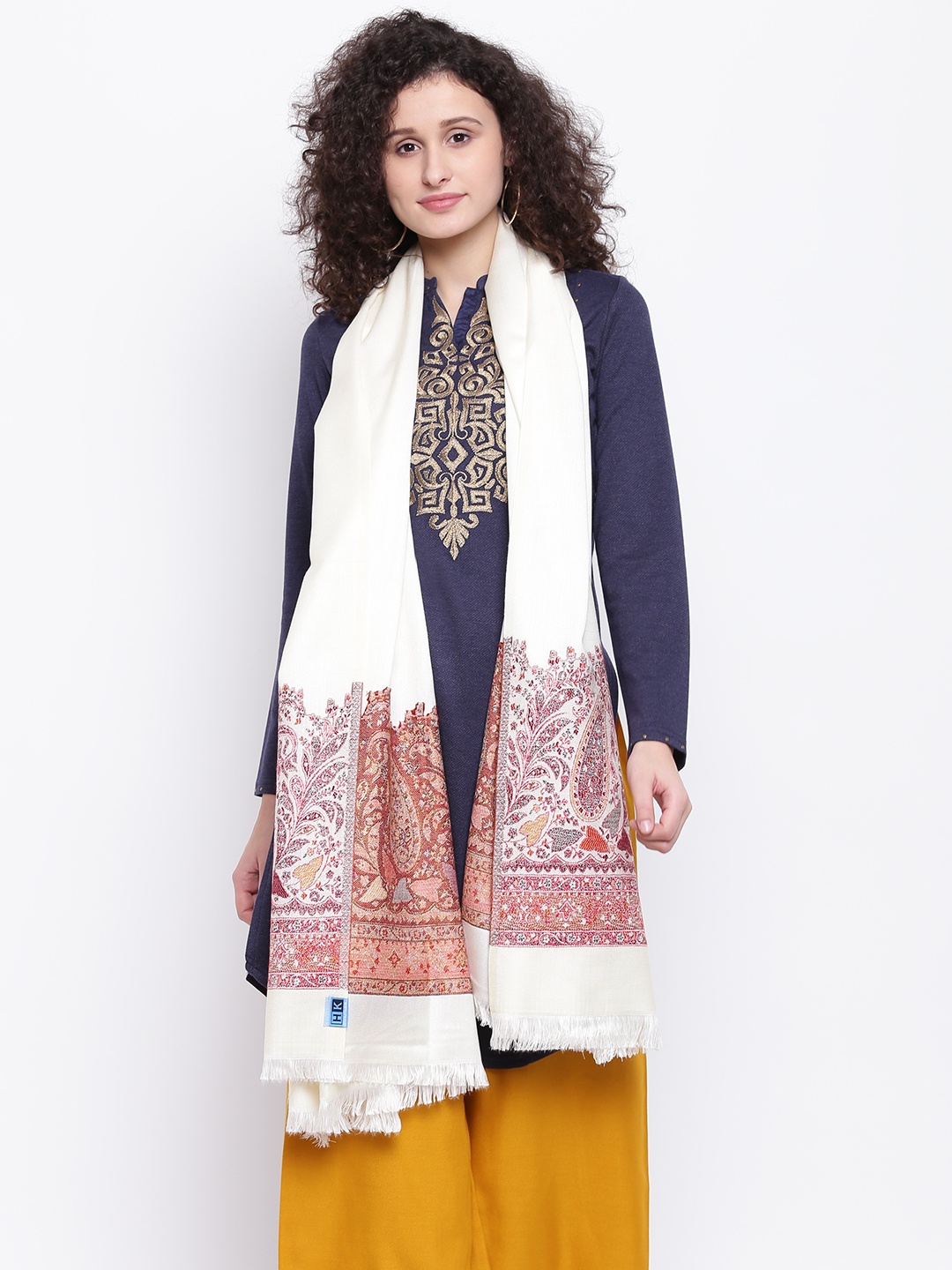

HK colours of fashion Off-White & Red Woven Design Shawl