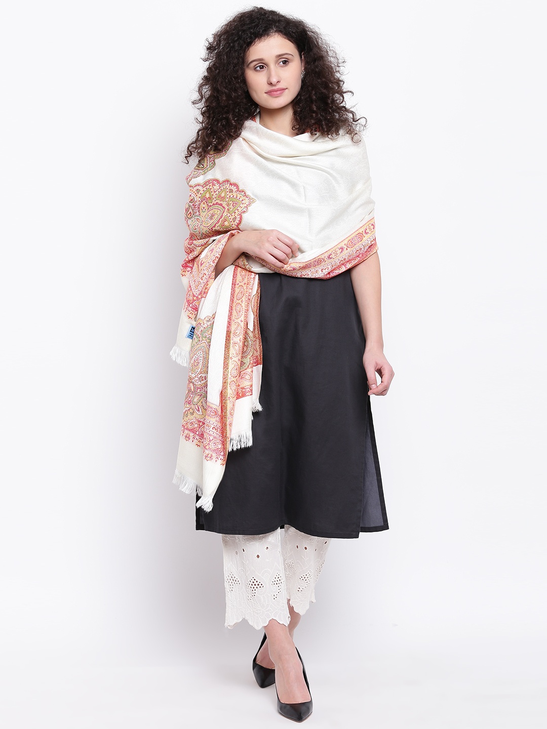 

HK colours of fashion Women Off-White Woven Design Shawl