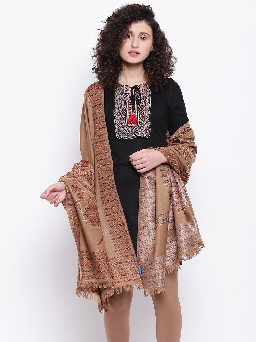 

HK colours of fashion Brown Woven Design Shawl