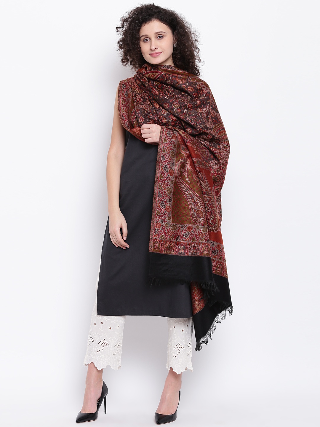 

HK colours of fashion Women Black & Rust Red Woven Design Shawl