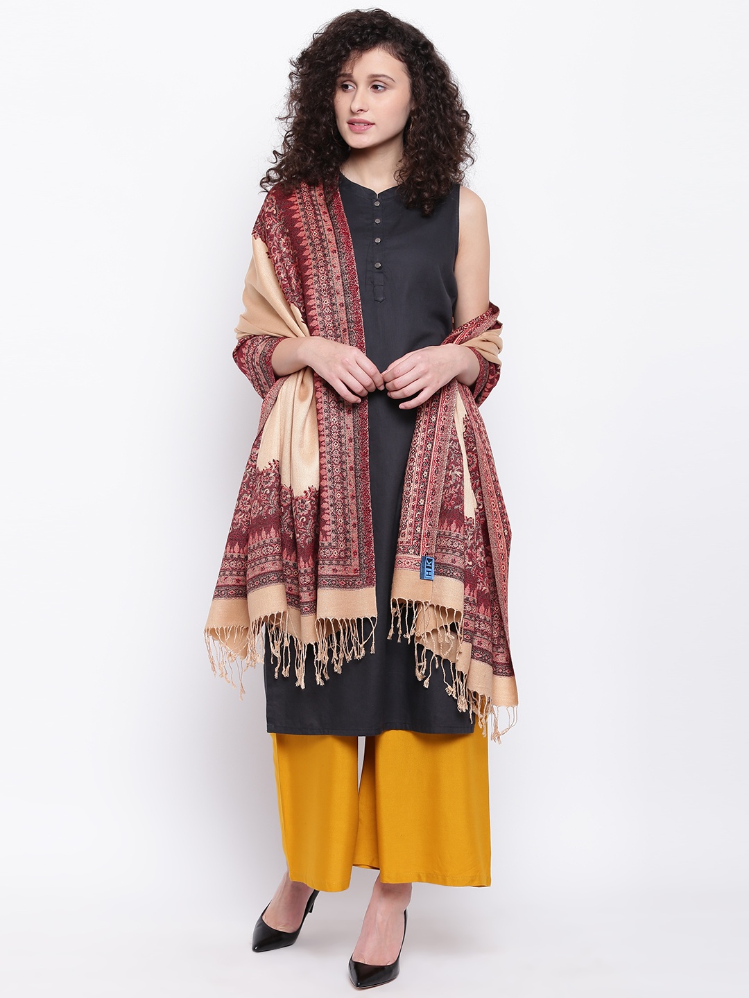 

HK colours of fashion Women Beige Woven Design Shawl