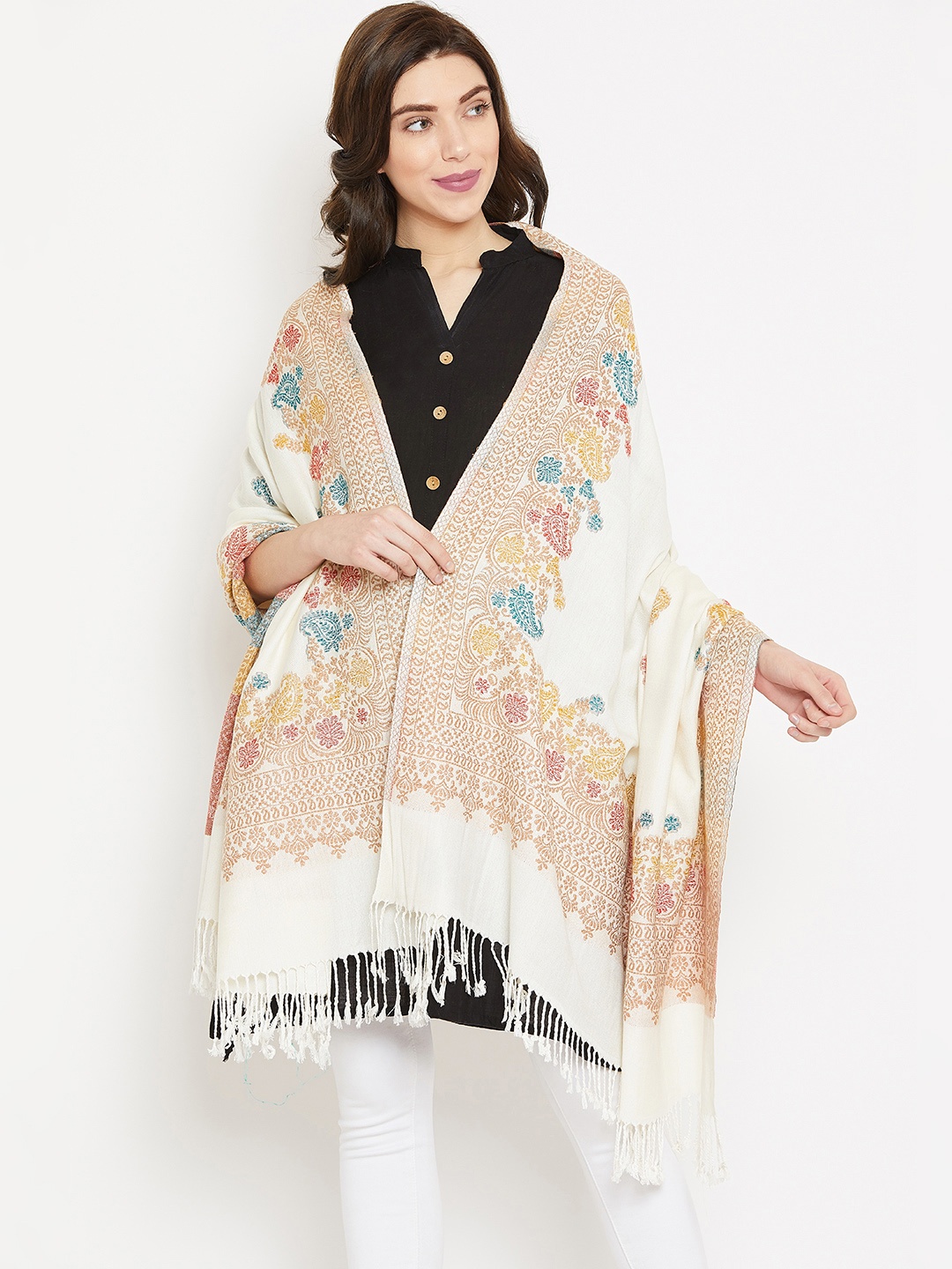 

HK colours of fashion Women Off-White & Beige Woven Design Shawl