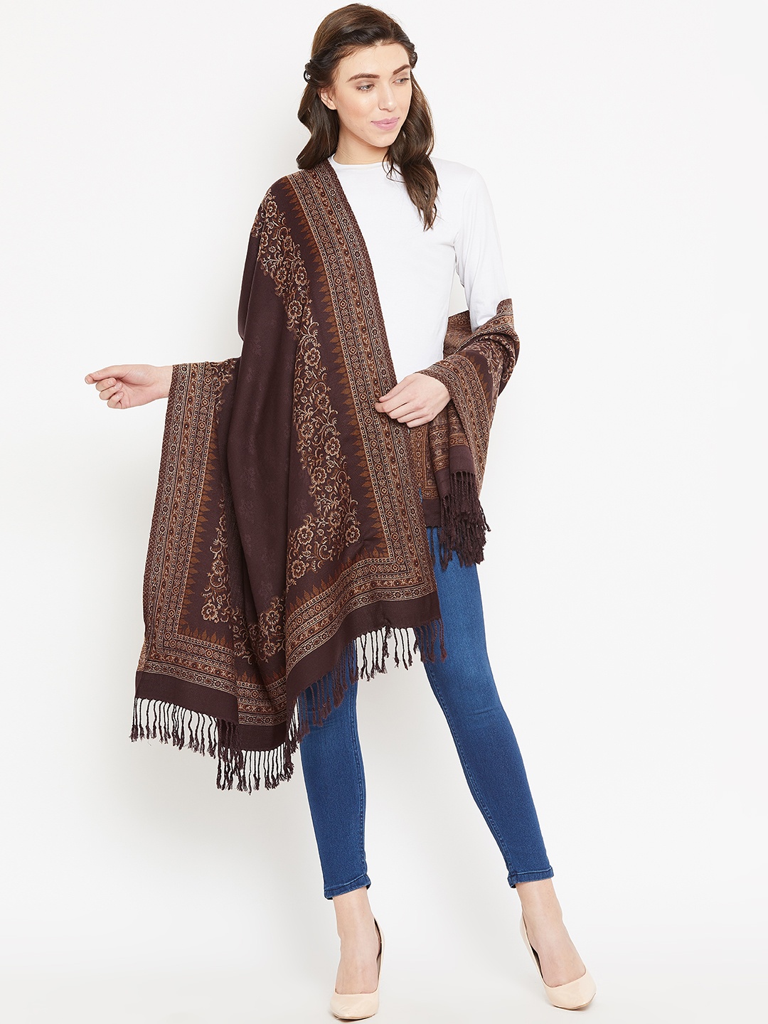 

HK colours of fashion Women Brown Woven Design Shawl