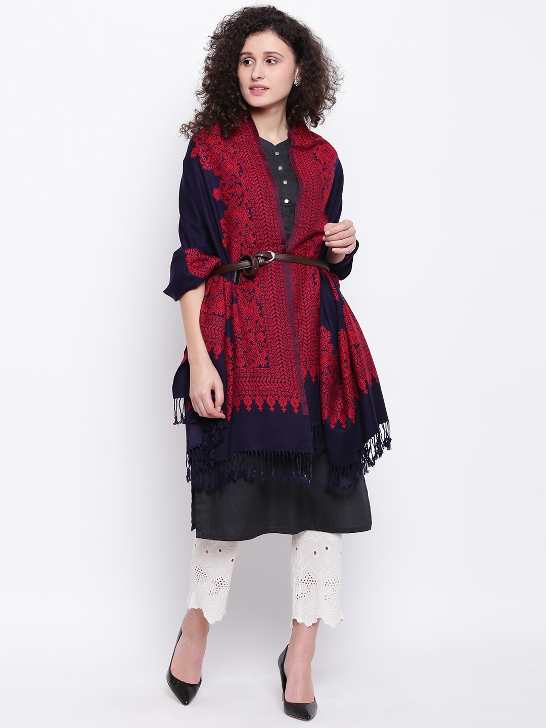 

HK colours of fashion Navy Blue & Red Woven Design Shawl