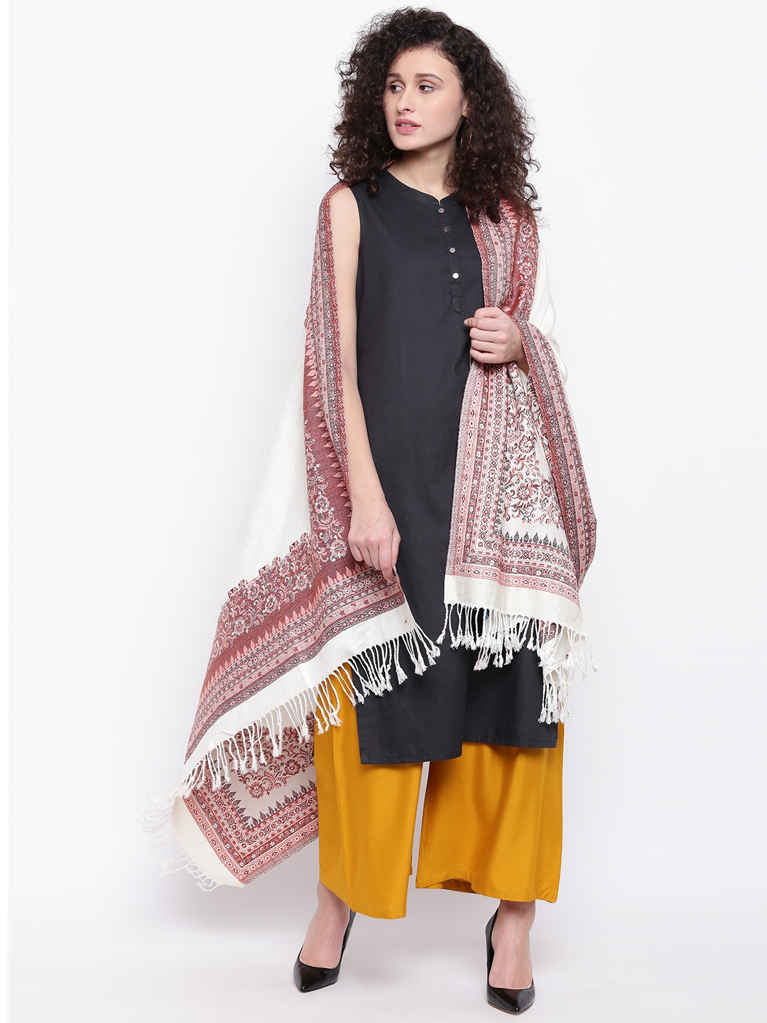 

HK colours of fashion Women Off-White Woven Design Shawl