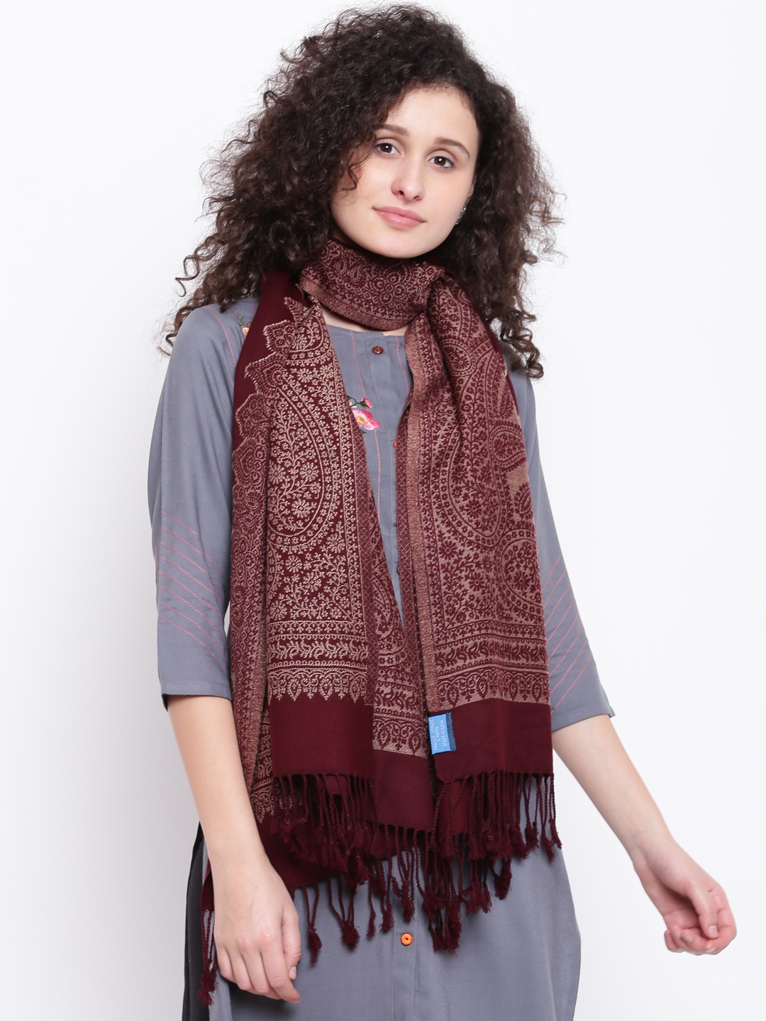 

HK colours of fashion Women Burgundy & Beige Woven Design Stole