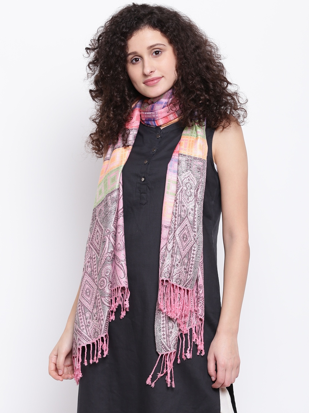 

HK colours of fashion Women Pink & Yellow Woven Design Stole