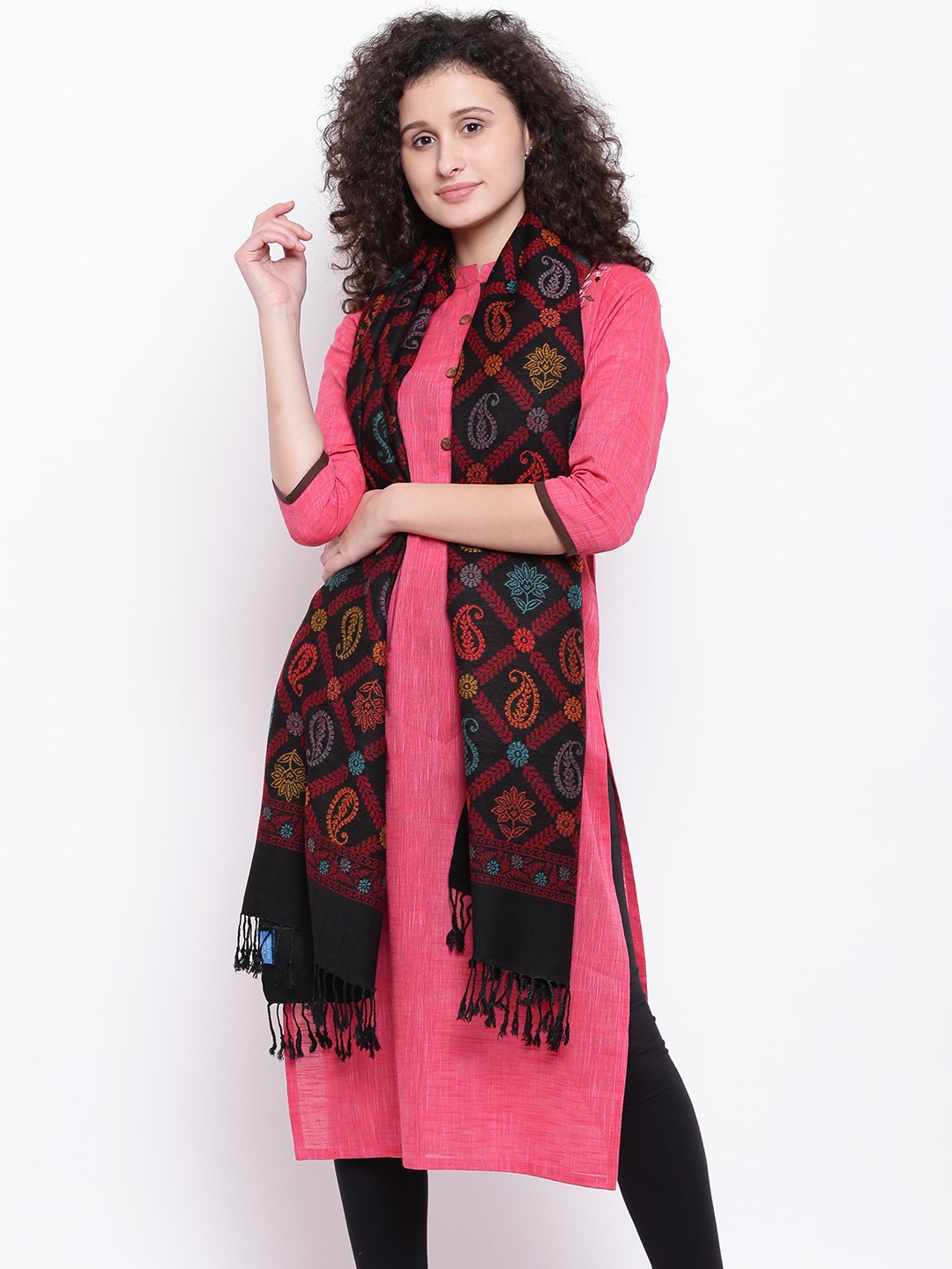 

HK colours of fashion Women Black & Red Woven Design Stole