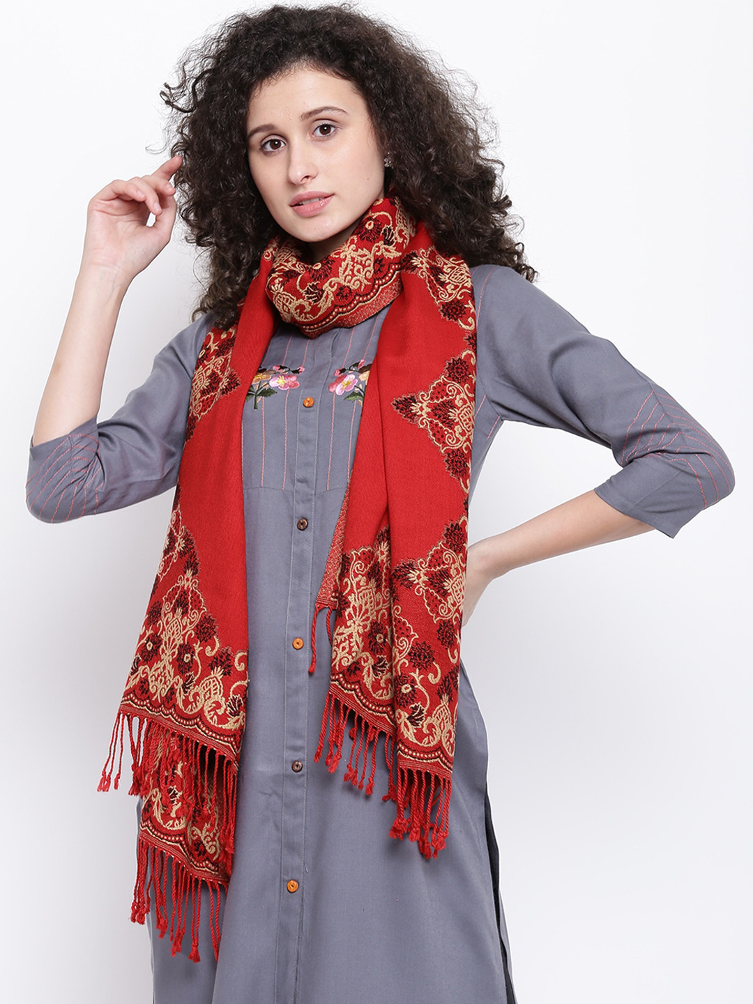 

HK colours of fashion Women Red & Beige Woven Design Stole