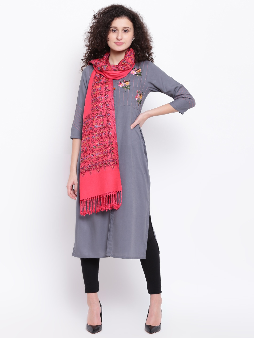 

HK colours of fashion Women Coral Pink Woven Design Stole
