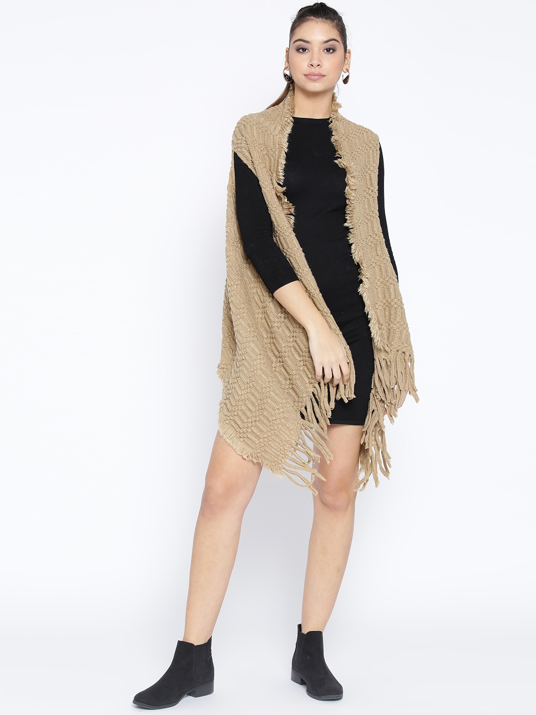 

HK colours of fashion Beige Self Design Open Front Sweater
