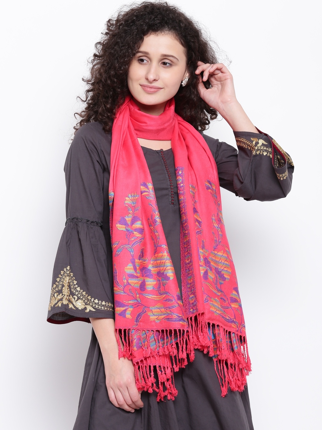 

HK colours of fashion Women Coral Pink Woven Design Stole