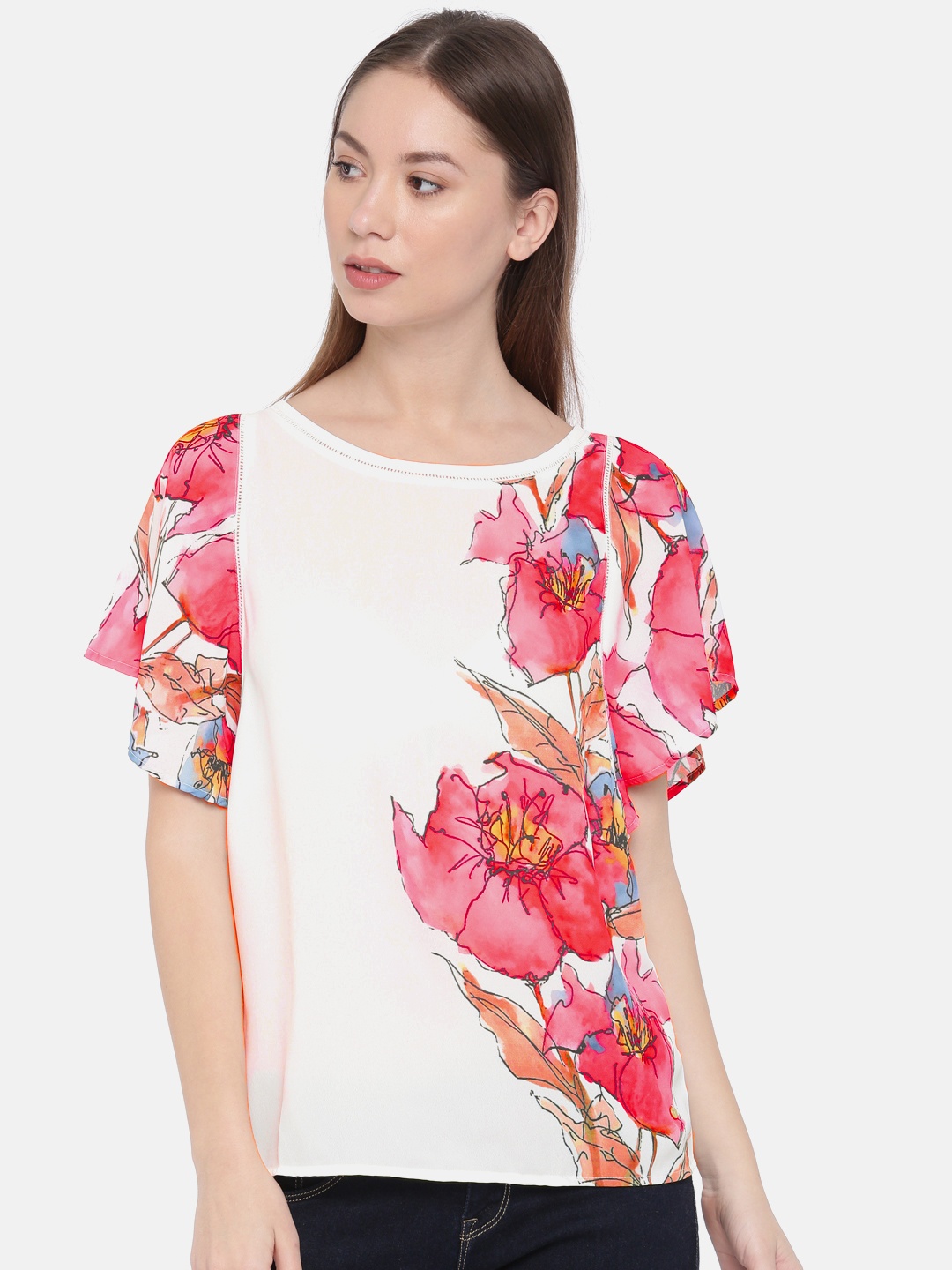 

Elle Women White & Red Floral Printed Top