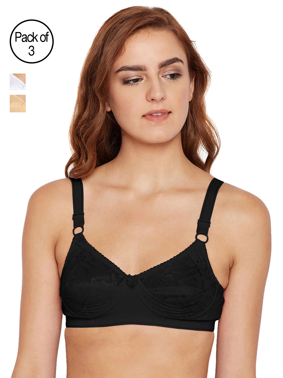 

Bodycare Women Pack of 3 Black, Beige & White Self Design Everyday Bra E5583BSW
