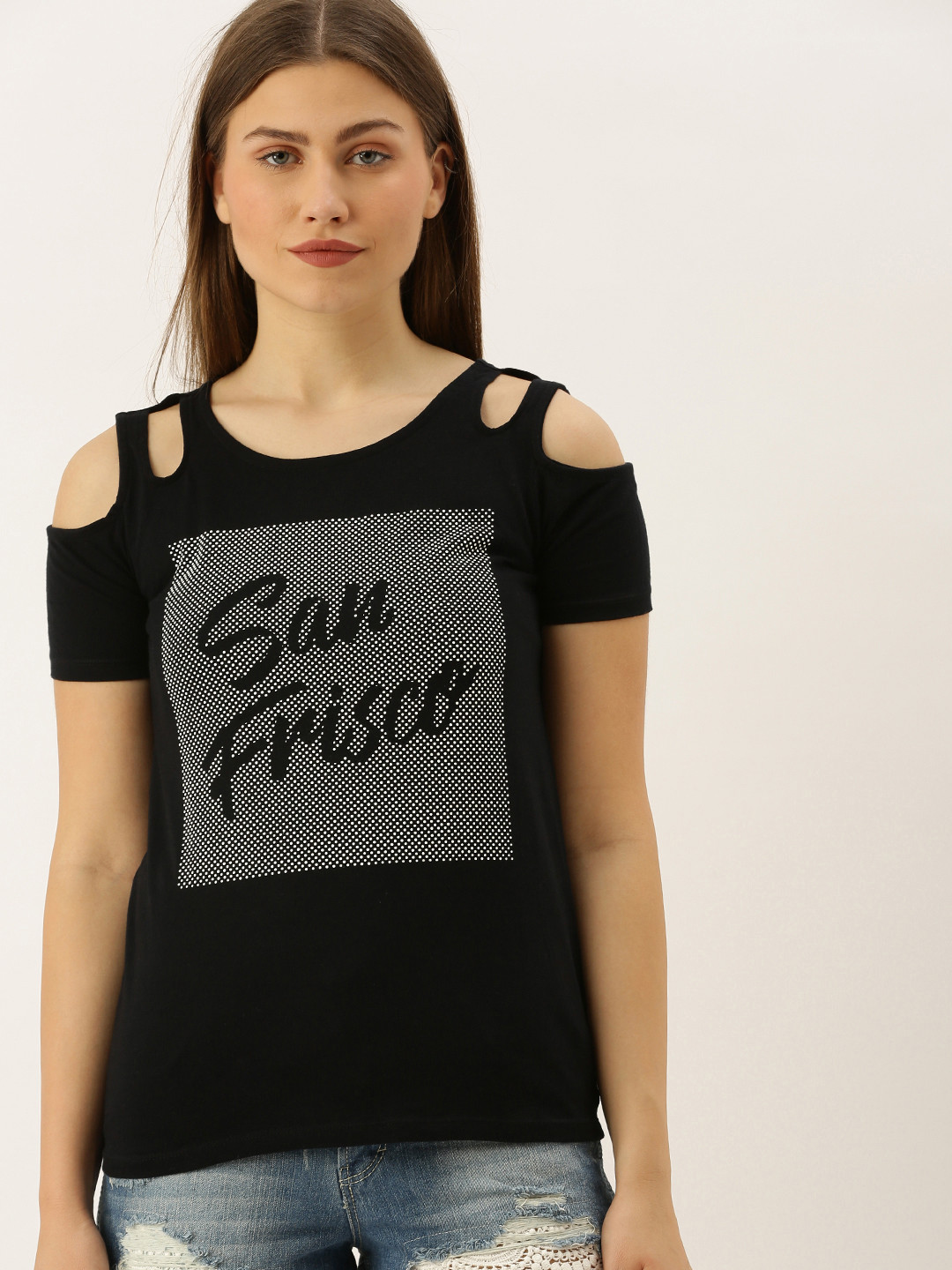 

SF JEANS by Pantaloons Women Black & White Printed Cold Shoulder Top