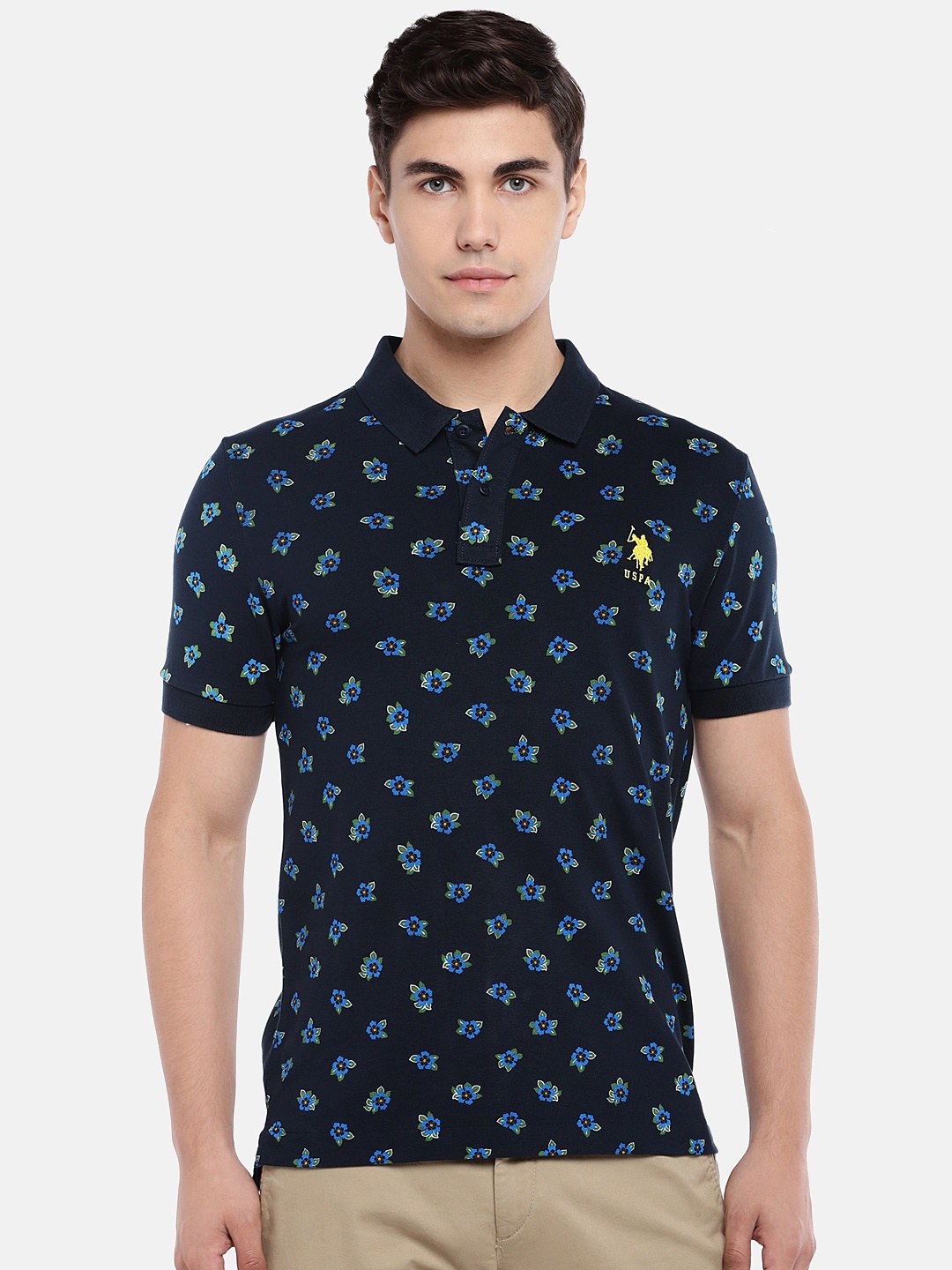 

Navy Blue Printed Regular Fit Polo T-shirt