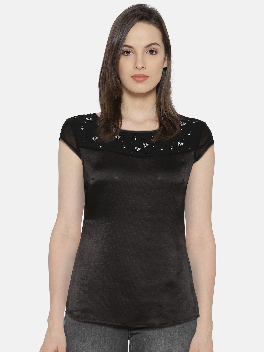 

Wills Lifestyle Black Embellished Yoke Top