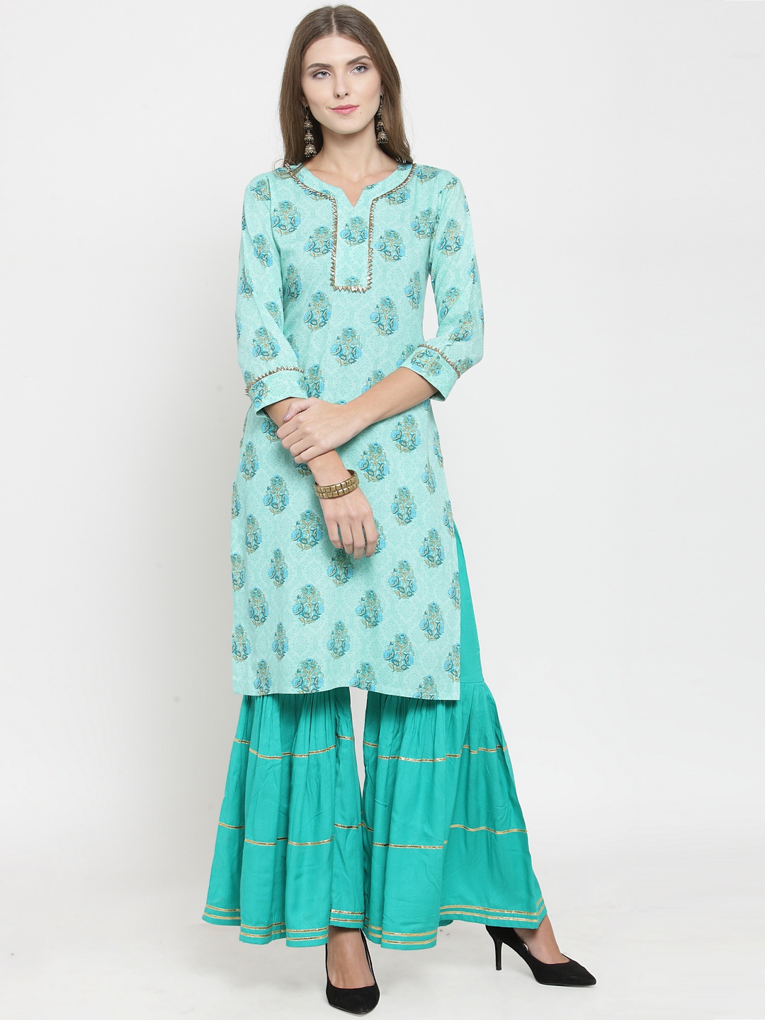 

Indibelle Women Turquoise Blue Printed Straight Kurta