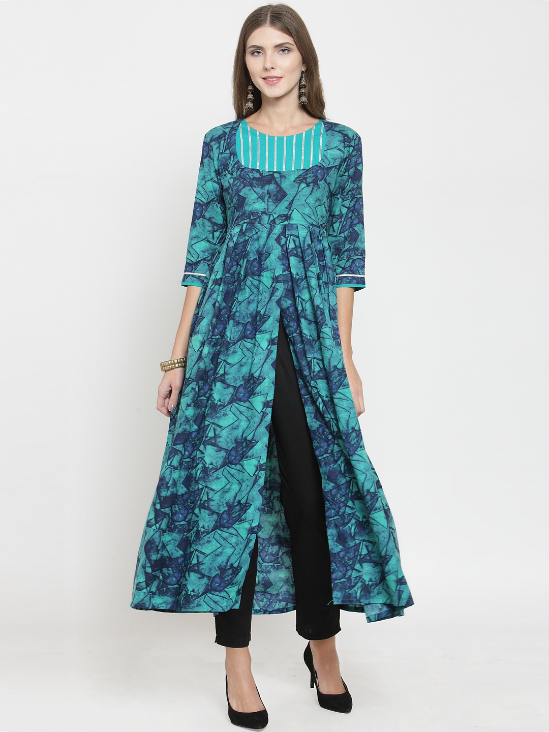 

Indibelle Women Turquoise Blue Printed A-Line Kurta