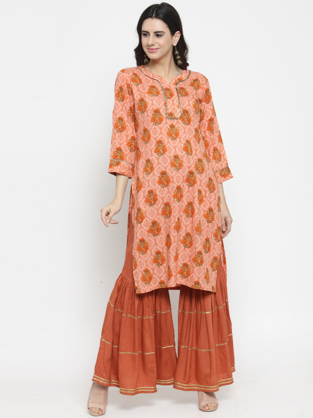 

Indibelle Women Peach-Coloured & Rust Orange Booti Print Straight Kurta
