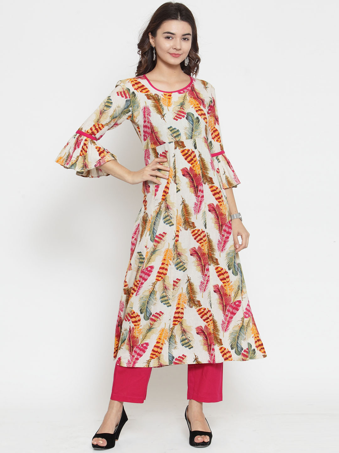 

Indibelle Women Cream-Coloured & Pink Feather Print A-Line Kurta