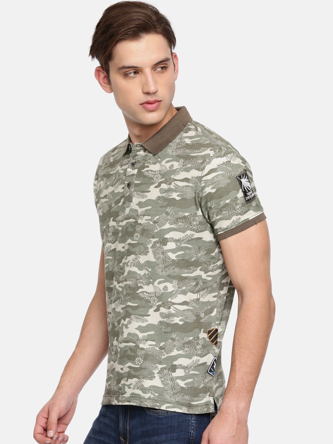 

SPYKAR Men Olive Green Printed Polo Collar Pure Cotton T-shirt