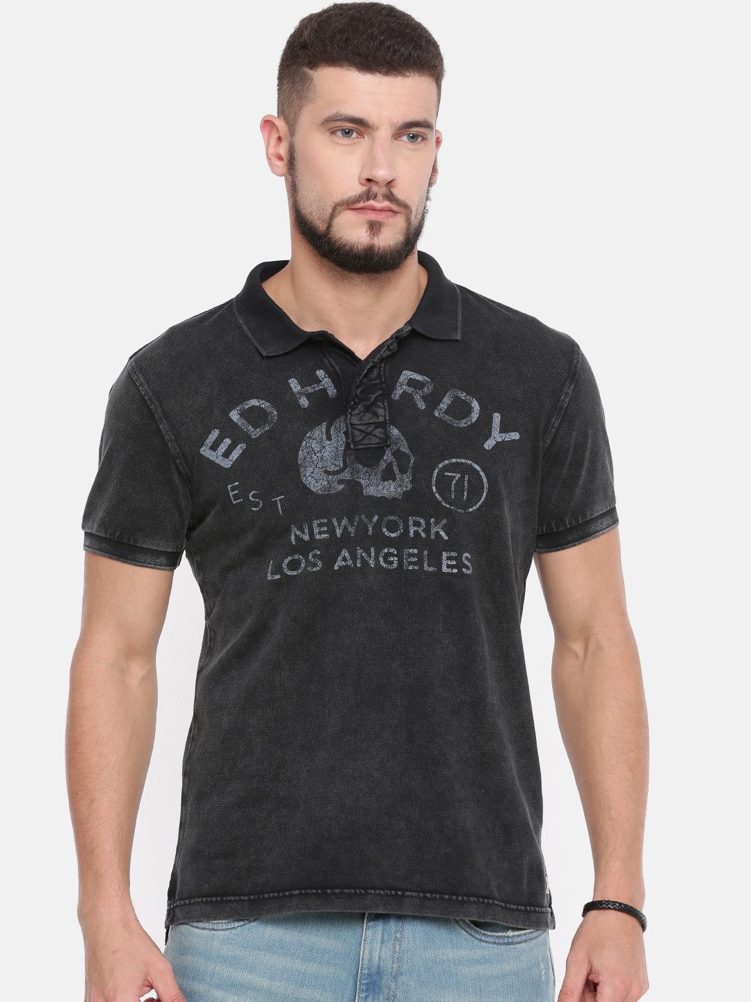 

Ed Hardy Men Black Printed Polo Collar Pure Cotton T-shirt