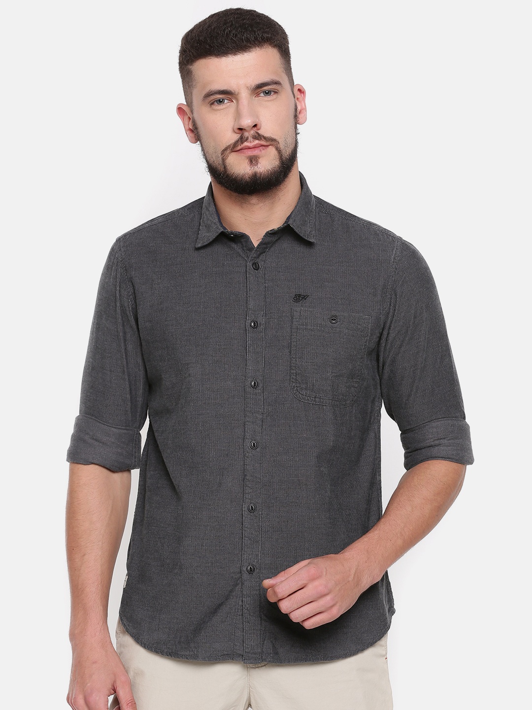 

Ed Hardy Men Charcoal Grey Slim Fit Solid Casual Shirt