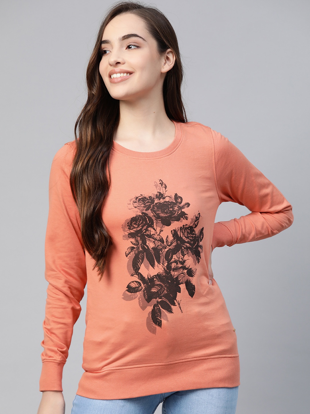 

Allen Solly Women Peach-Coloured Printed Cotton Sweatshirt