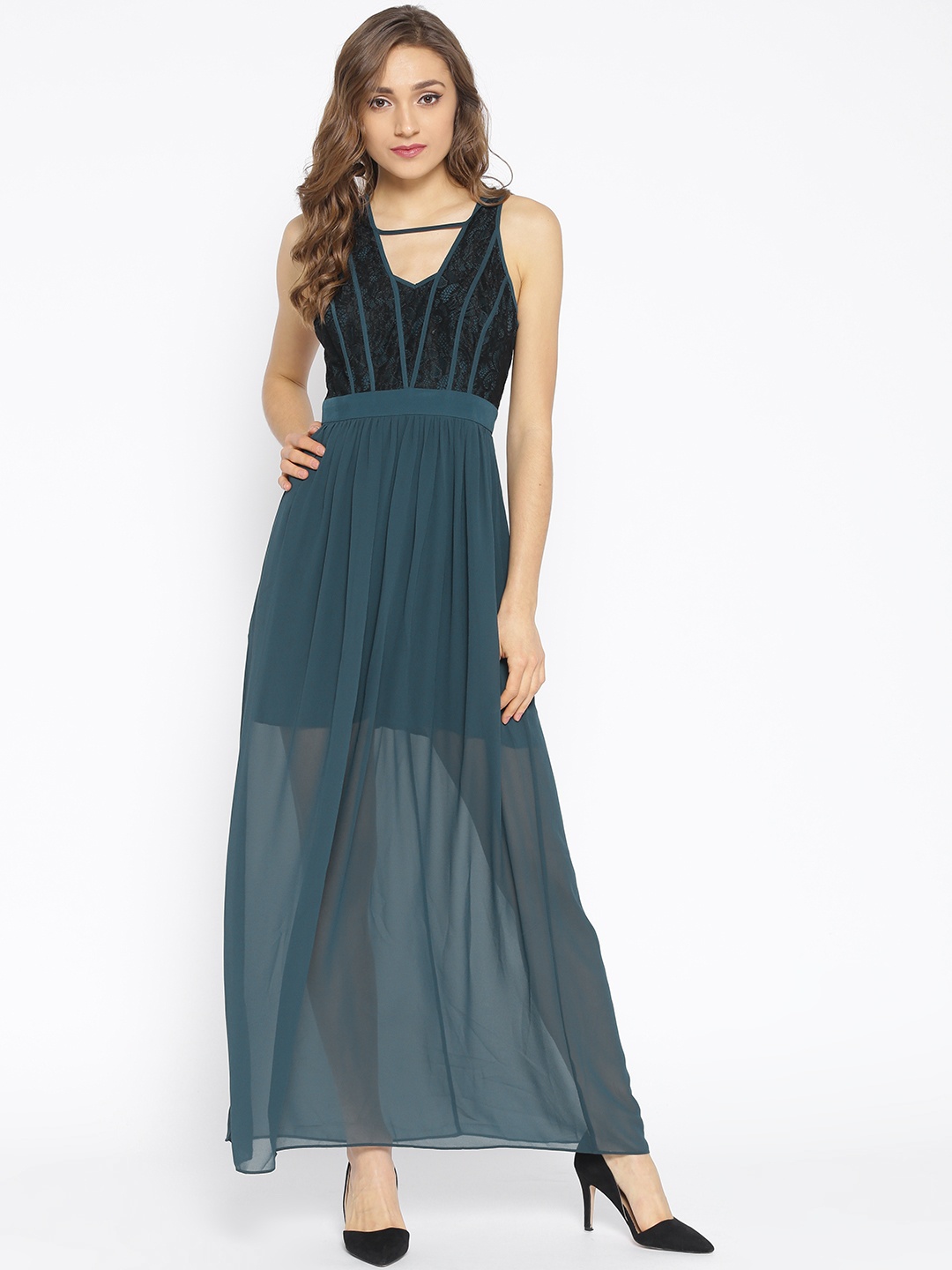 

BCBGeneration Women Teal Green Solid Maxi Dress with Lace Inserts Detail