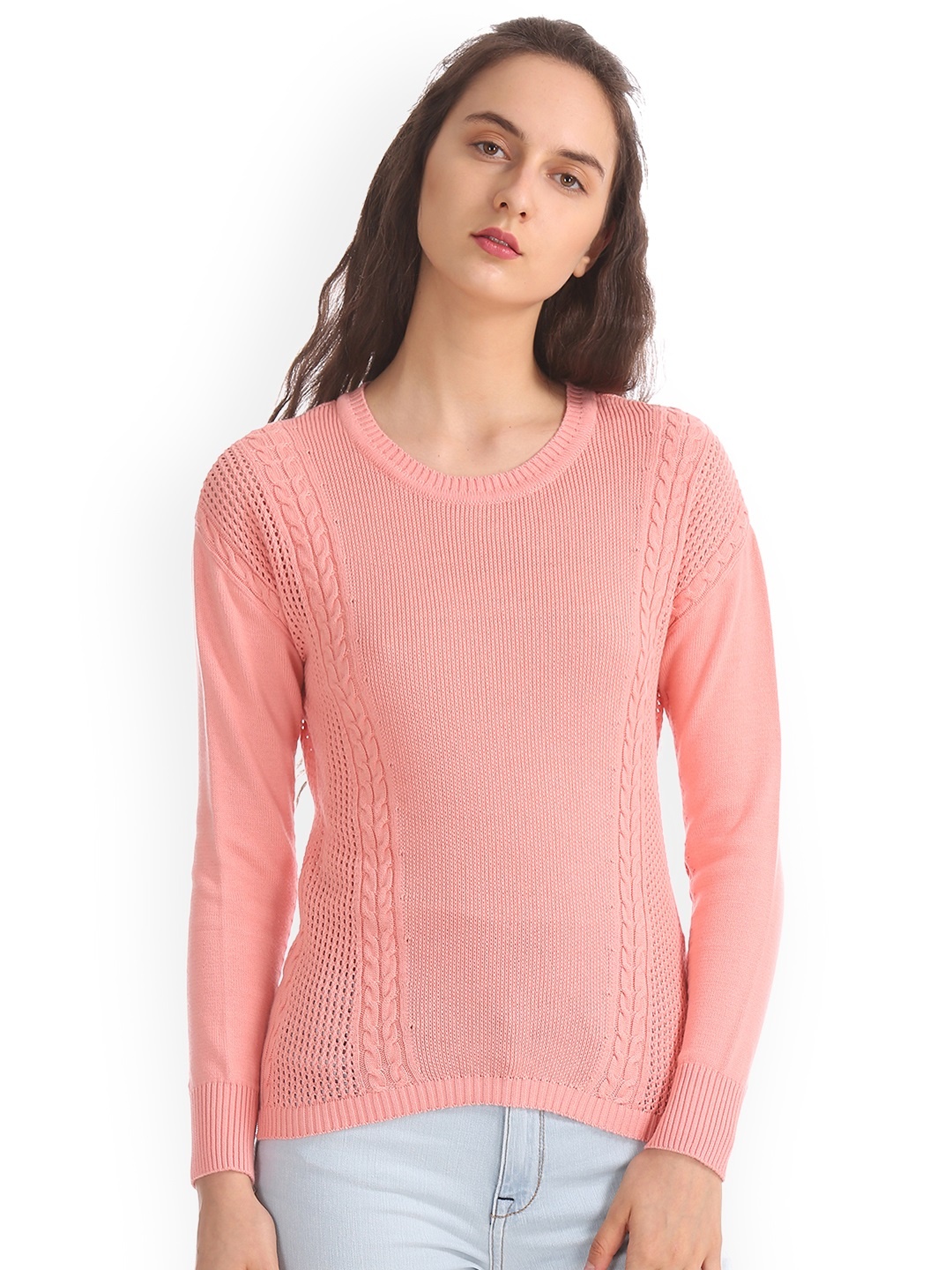 

Aeropostale Women Peach-Coloured & Peach-Coloured Self Design Sweater