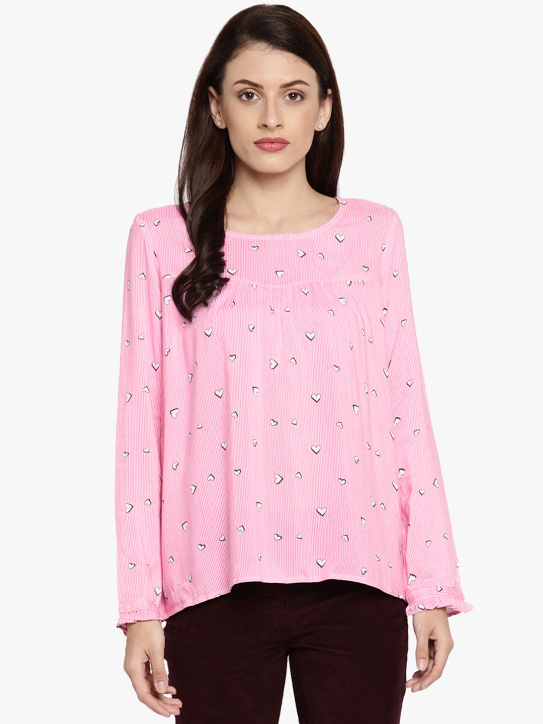 

Honey by Pantaloons Women Pink & White Hearts Print Liva A-Line Top