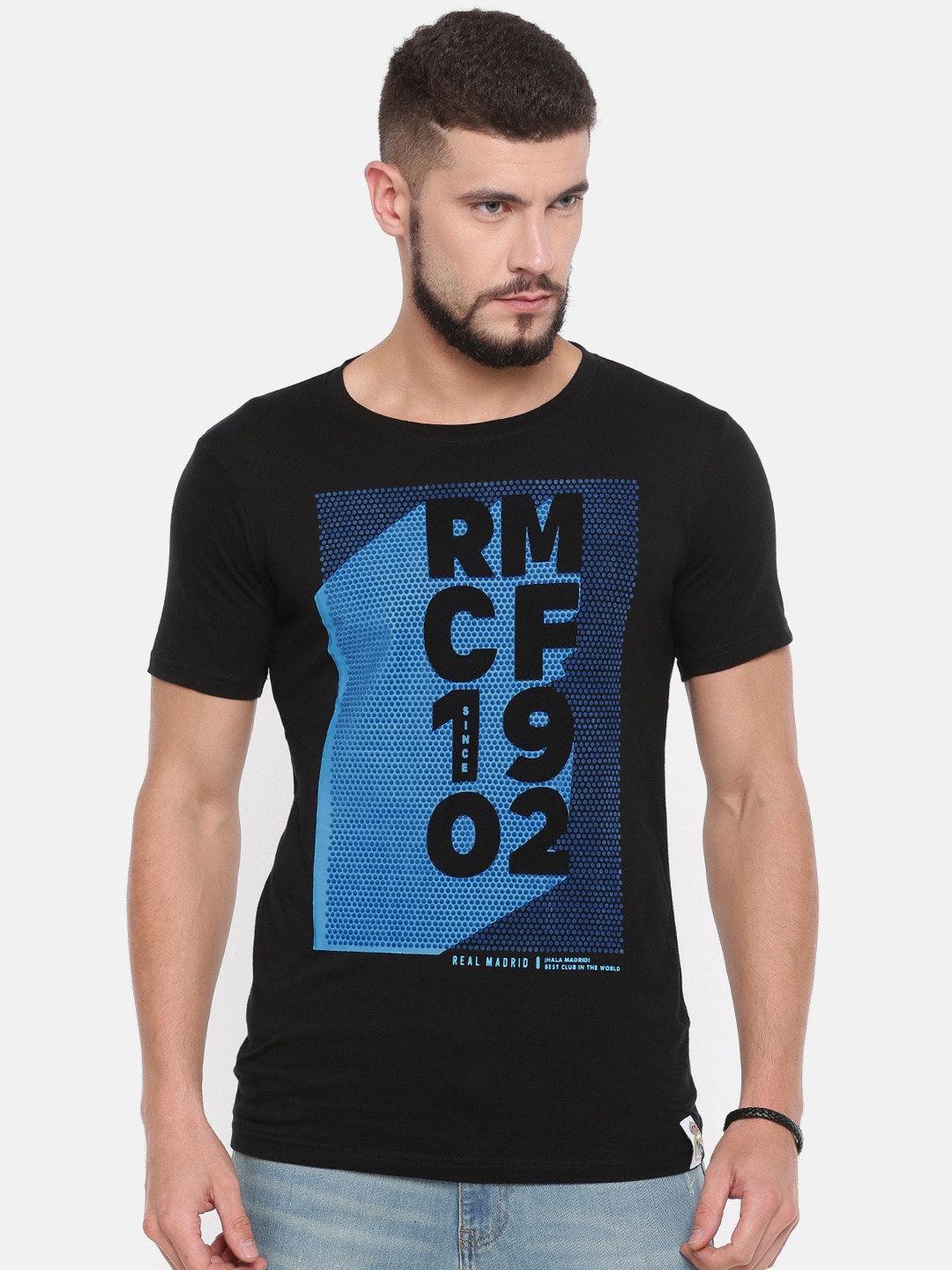 

Real Madrid Men Black Blue Printed Round Neck Pure Cotton T-shirt