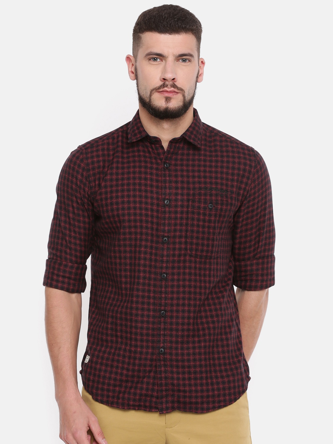 

Ed Hardy Men Maroon & Black Slim Fit Checked Casual Shirt