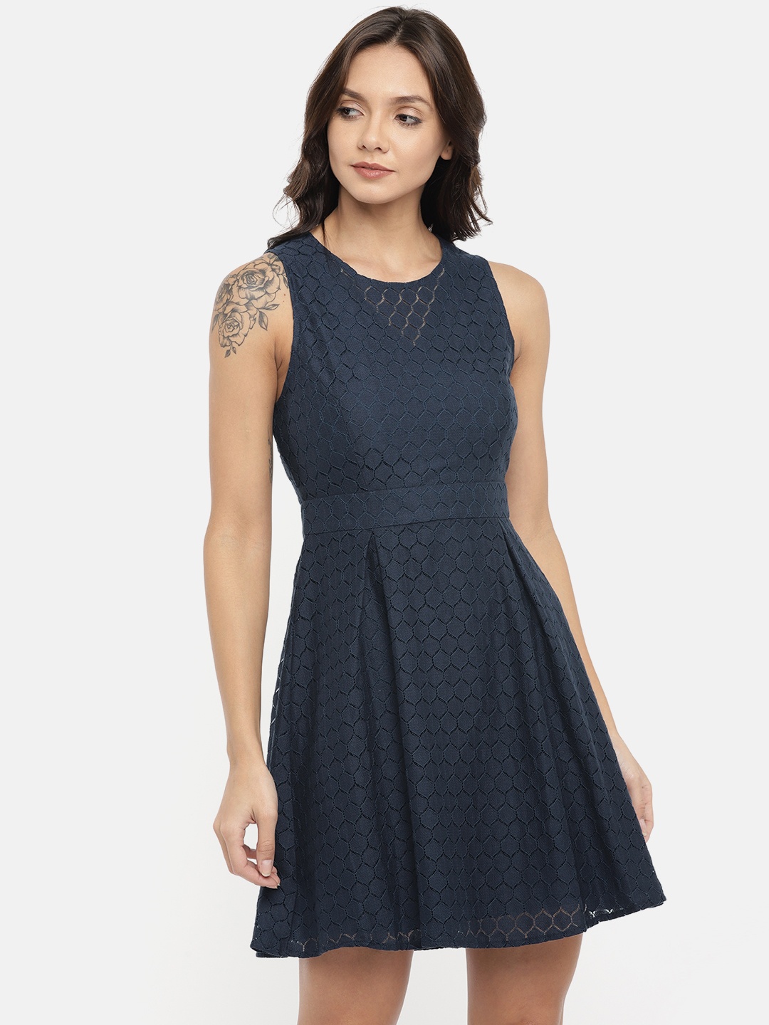 

BCBGeneration Women Navy Blue Self Design Fit and Flare Dress